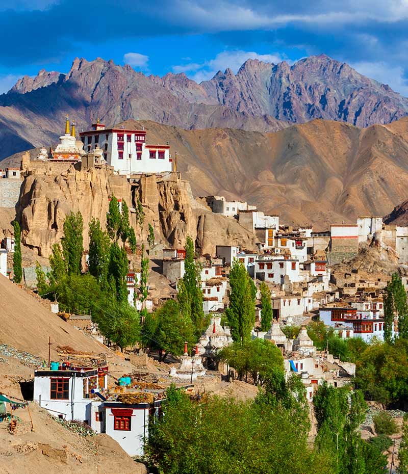 casas da cultura tibetana no Himalaia indiano cercadas por montanhas áridas
