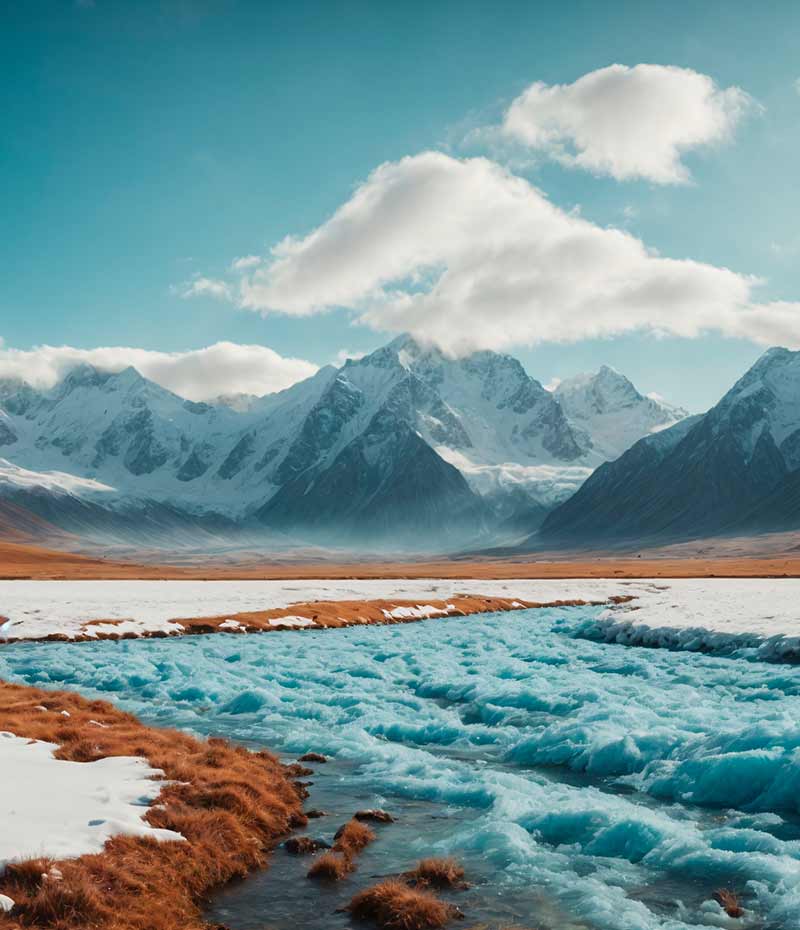 paisagem de rio no Himalaia indiano em roteiro por Ladakh com montanhas ao fundo