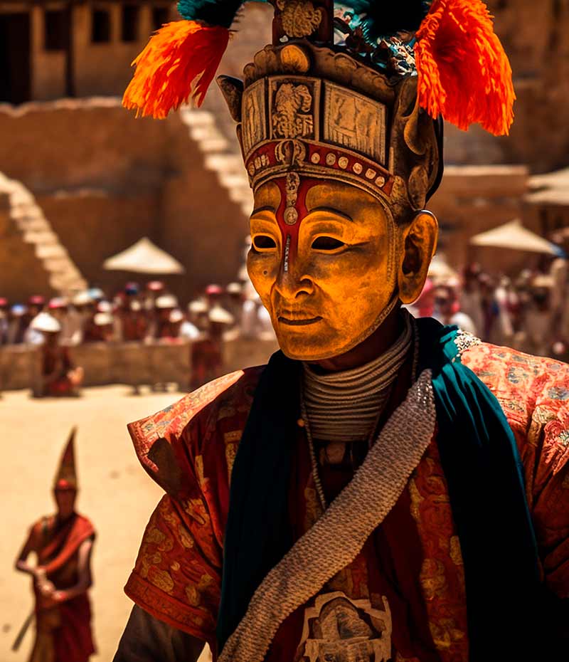 dançarino com máscara em celebração cultural tibetana no Himalaia