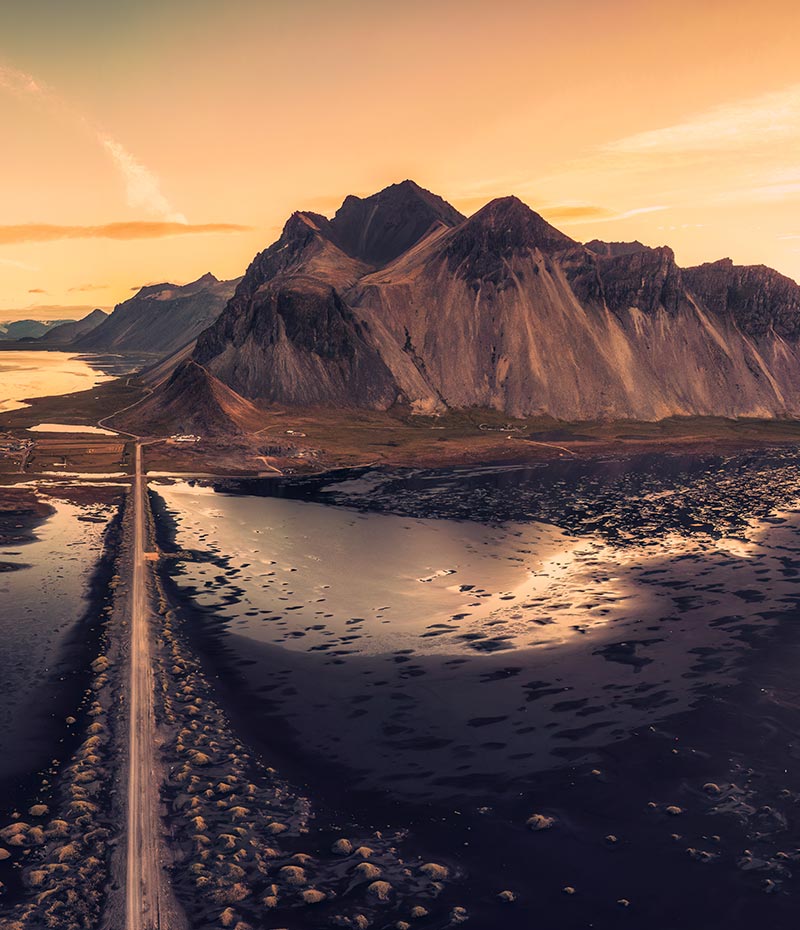 Vista aérea da praia de Stokksnes durante a viagem à Islândia