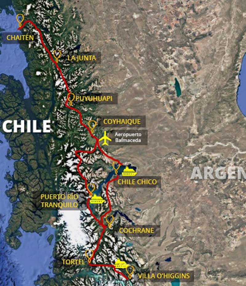 Mapa da Carretera Austral, na Patagônia chilena