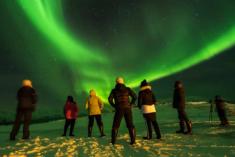 grupo de viajantes observando a aurora boreal na Noruega