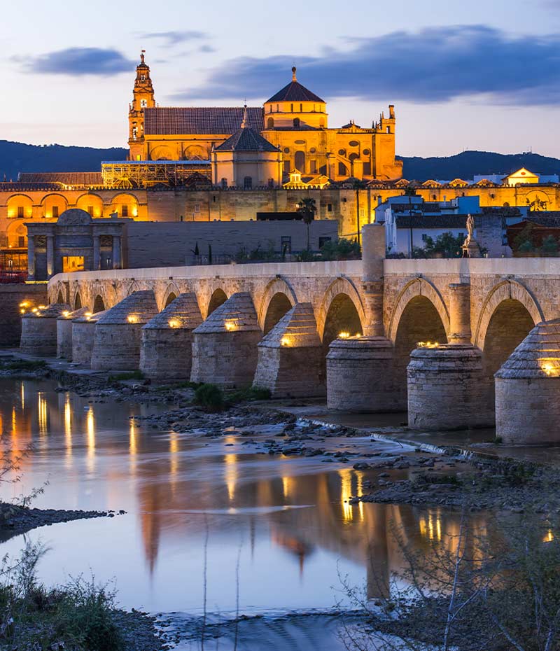 cidade de Córdoba à noite com iluminação urbana na Andaluzia