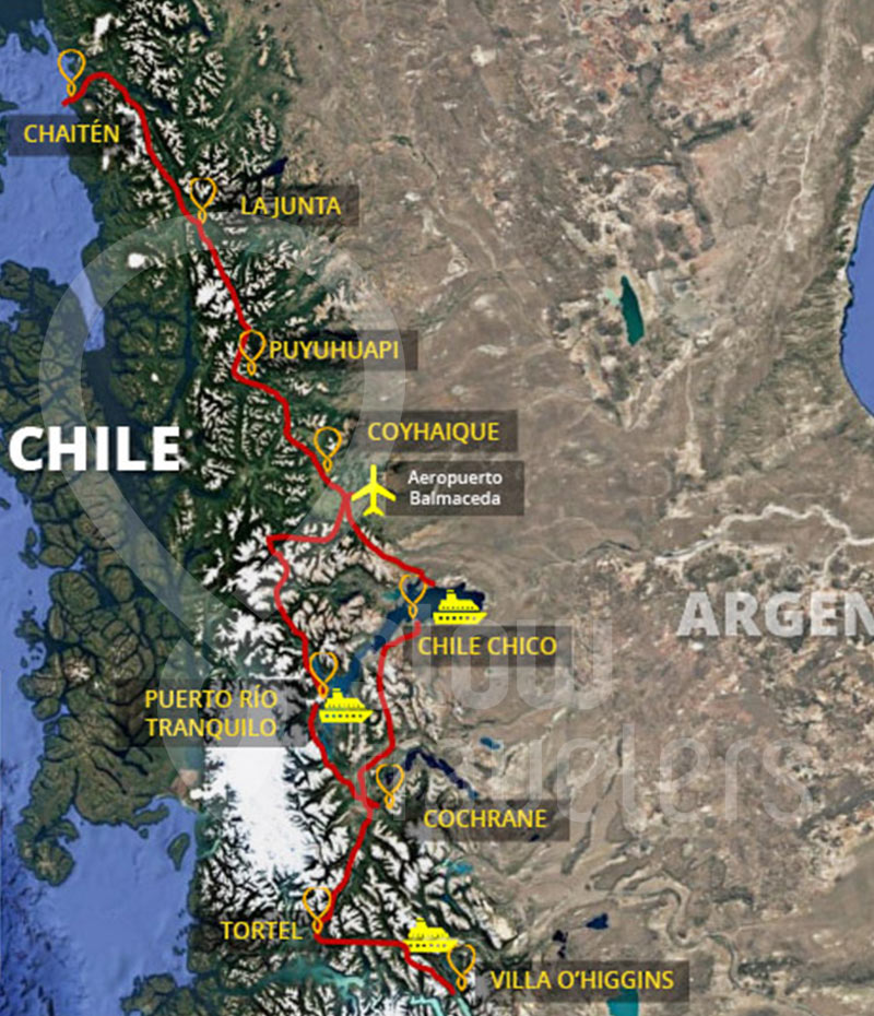 Mapa do roteiro da SlowTRAVELERS pela Carretera Austral