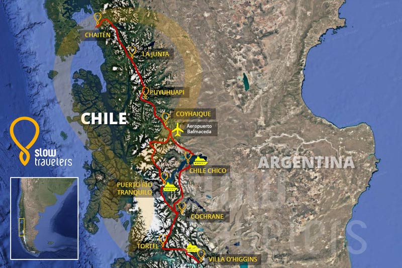 Mapa da Carretera Austral, na Patagônia chilena.